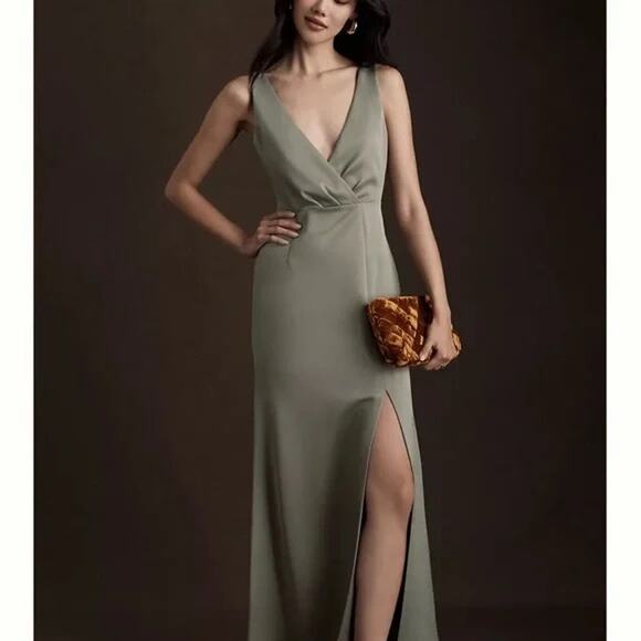 BHLDN NWT Anthropologie Piper V-Neck Side Slit Satin Gown Dress Size 4 Moss $248 - Picture 3 of 5